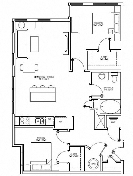 Floor plan for 2 beds, 1 bath, 1041 sqft